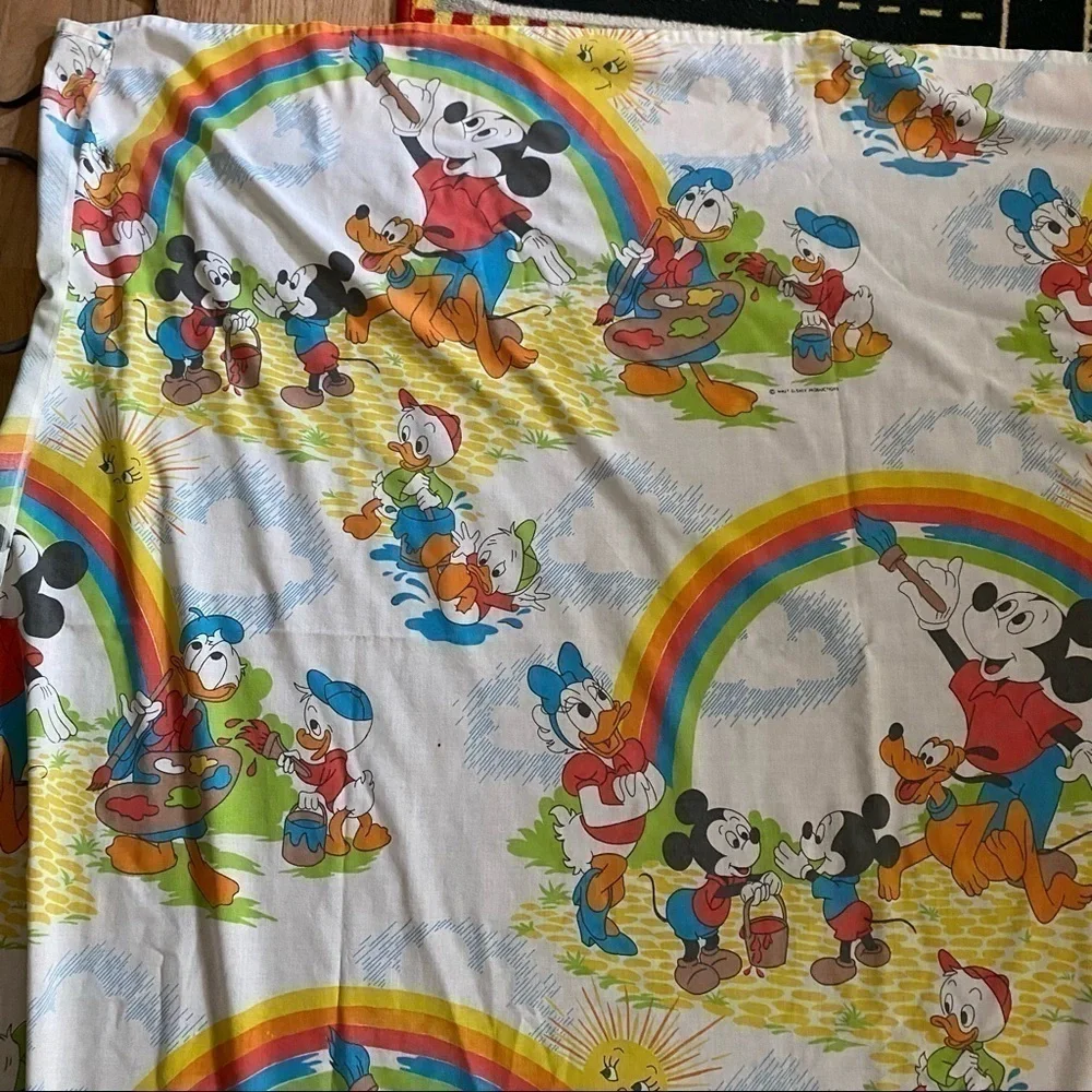 Vintage Disney Mickey Mouse Flat Twin Sheet Painting Rainbows Donald Duck Huey